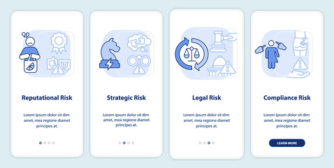 Naklejka premium Risk categorizations light blue onboarding mobile app screen. Issues walkthrough 4 steps graphic instructions pages with linear concepts. UI, UX, GUI template. Myriad Pro-Bold, Regular fonts used