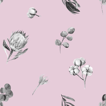 Summer black and white watercolor seamless pattern with dry protea flowers and eucalyptus in boho style on a pink background for textile and design
