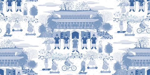 Seamless pattern illustration. The daily scenery in front of the royal palace, a historical heritage located in the middle of the Korean city	