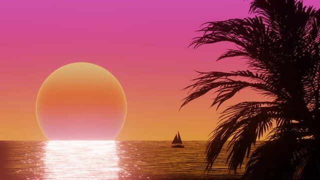 Ocean beach nature tropical palms Island. 3d Synthwave animated background. Seamless loop.