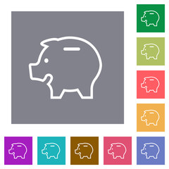 Left facing piggy bank outline square flat icons