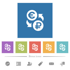 Euro Ruble money exchange flat white icons in square backgrounds