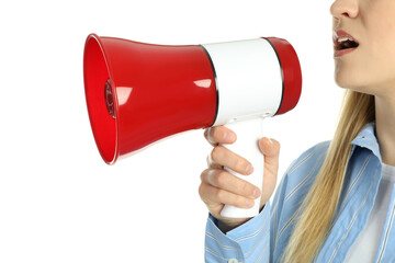 Woman with megaphone isolated on white background