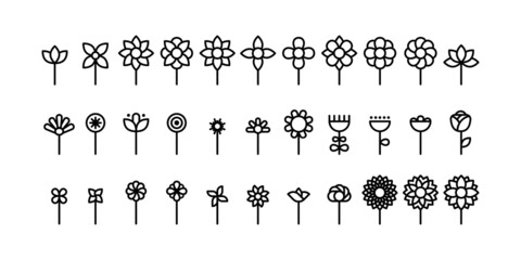 Geometric flowers shapes icon set. Minimalist flower symbols. Plant with stem. Black outline. Vector illustration, flat design