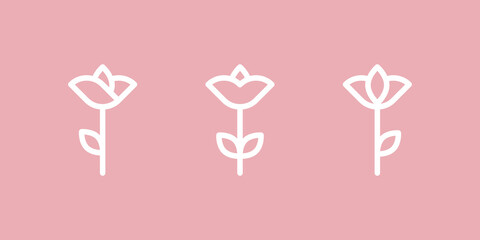 Geometric flowers shapes icon set. Minimalist flower symbols. White outline. Pink background. Vector illustration, flat design