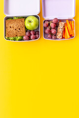 School lunch boxes filled with fruits and vegetables. Healthy meal