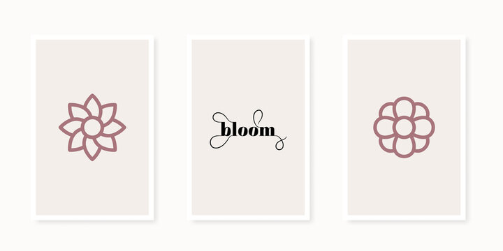 Inspirational geometrical shapes poster collection. Line art. Flower icons. Minimalist wall decoration, print or postcard. Bloom. Vector illustration, flat design