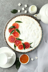 Concept of tasty dessert with meringue pie with citrus, top view