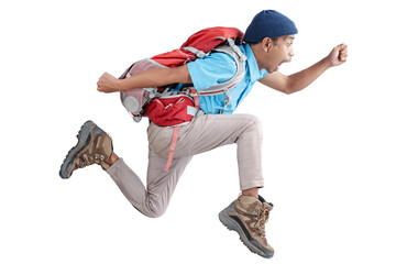 An Asian man with a beanie hat and backpack running