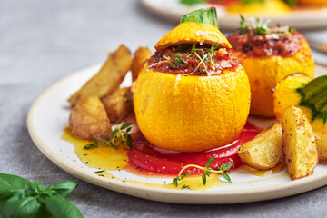 Stuffed zucchini. Round yellow zucchini stuffed with meat and vegetables served on plate.