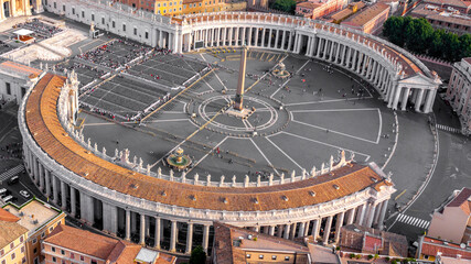 Aerial view of the colonnade and St. Peter's square located in the Vatican city. This state is an...