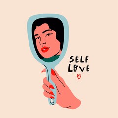 Woman's hand holding mirror reflexing her beautiful face. Lady staring at herself in mirror reflection. Hand drawn isolated Vector illustration. Cartoon flat style. Self love, acceptance concept - obrazy, fototapety, plakaty