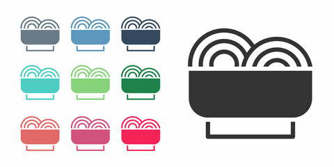 Black Asian noodles in bowl and chopsticks icon isolated on white background. Street fast food. Korean, Japanese, Chinese food. Set icons colorful. Vector