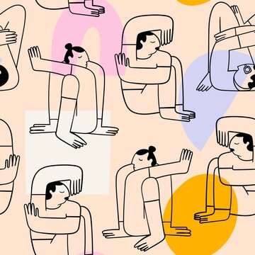 Diverse people sitting or lying in different poses. Cute abstract disproportionate characters. Hand drawn modern Vector illustration. Cartoon trendy style. Square seamless Pattern, background