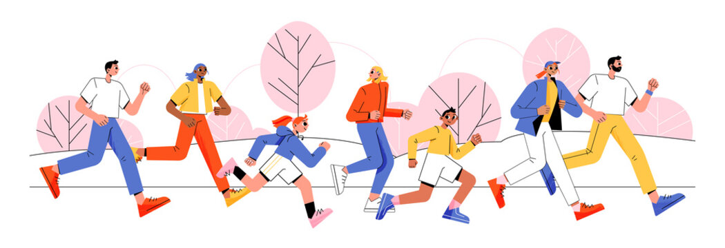 People Jogging In Park. Concept Of Sport Activity, Outdoor Exercises, Marathon, Healthy Lifestyle. Vector Flat Illustration Of Diverse Men And Women Run On Road In Park Together