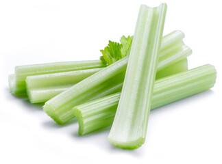 Pile of celery ribs isolated on white background.