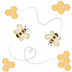 Flying bees and honeycombs, isolated on white background. Hand drawn vector illustration