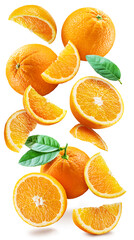 Ripe oranges with halves and slices with orange tree leaves randomly fall or levitate on a white background.