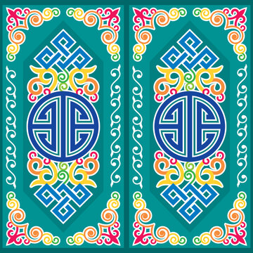Oriental vector seamless pattern inspired by folk art from Monogolia and Central Asia with swilrs and celtic motif
