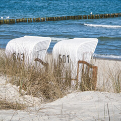 Beach chair on the beach of the Baltic Sea in Zingst. Sun, blue sky and recreation