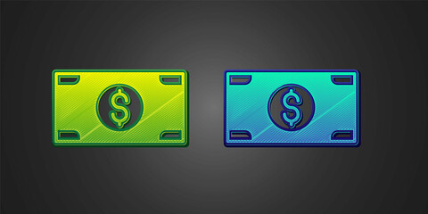 Green and blue Stacks paper money cash icon isolated on black background. Money banknotes stacks. Bill currency. Vector