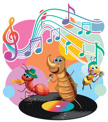 Beetle group cartoon with music melody symbols