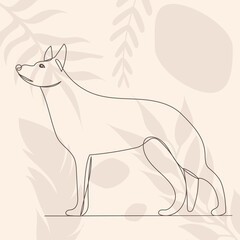 dog drawing in one continuous line, on an abstract background isolated