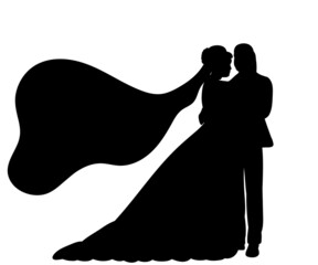 bride and groom silhouette, on white background, isolated, vector