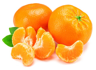 Ripe tangerine fruits with leaf and mandarin slices on white background.