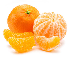 Ripe tangerine fruits with and mandarin slices on white background.