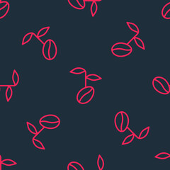 Red line Coffee beans icon isolated seamless pattern on black background. Vector