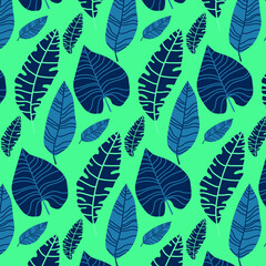 Pattern with hand drawn tropical leave. Modern vector illustration.