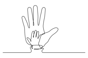 Palm of hands of baby and adult line art vector illustration. One line drawing and continuous style