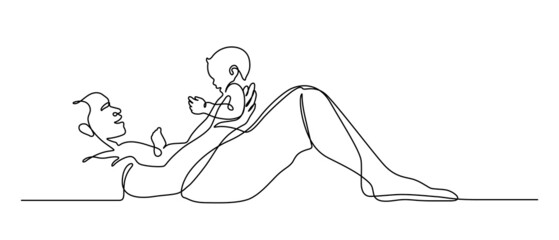 Baby sitting on father's body lay down on ground line art vector illustration. One line drawing and continuous style