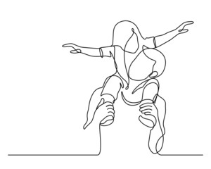 father and daughter in flying plane action pose line art vector illustration. One line drawing and continuous style
