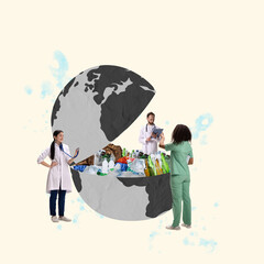 Contemporary art collage. Conceptual image of ecologists checking globe condition. Stop pollution of our environment