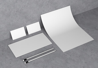 Base white stationery mockup template for branding identity on a gray concrete background for graphic designers presentations and portfolios. 3D rendering.
