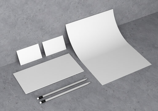 Base White Stationery Mockup Template For Branding Identity On A Gray Concrete Background For Graphic Designers Presentations And Portfolios. 3D Rendering.