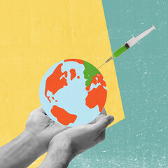 Contemporary art collage. Conceptual image of our planet being healed with vaccine. Save...