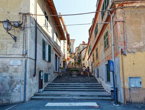 Ovada, Piedmont, Italy - June 27, 2021: staircase leading from Piazza Castello to the historic center of the town