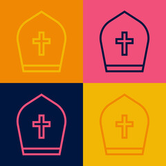 Obraz premium Pop art line Pope hat icon isolated on color background. Christian hat sign. Vector