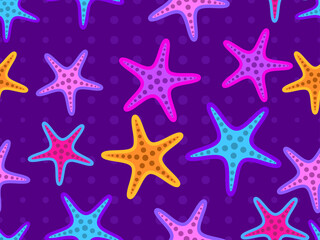 Fototapeta na wymiar Colorful starfish seamless pattern violet background. Starfish silhouettes in cartoon style. For promotional products, wrapping paper and printing. Vector illustration