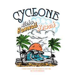 Naklejka premium Aloha Hawaii beach cyclone is vector tee shirt summer artwork, tropical sunset. surf and beach. vintage beach print. tee graphic design
