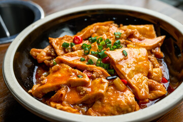 A classic and delicious Chinese dish, braised farm tofu in sauce