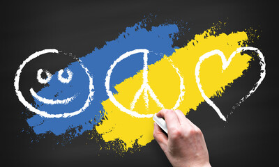 Love and peace on blackboard icons. Flag of ukraine. Stop the war.