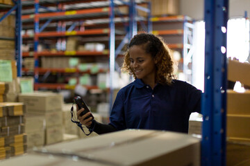 Woman worker using barcode machine checking products or parcel goods on shelf pallet in industry factory warehouse. Inspection quality control