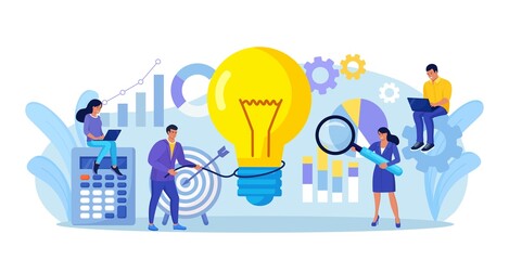 Businessman catches light bulb with lasso. Tiny people develop creative business idea, innovation project. Team analyzes brainstorming method. Businessmen solve problems, find solutions with teamwork.