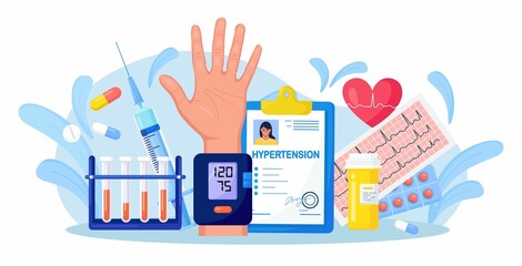 Medical examination and cardiology checkup. Tonometer, sphygmomanometer. Hypotension and hypertension disease. Measuring high blood pressure, test tubes, medicines, syringe and patient medical card