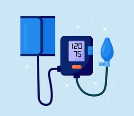Hypertension digital tonometer, sphygmomanometer. Electronic arterial blood pressure monitor. Medical equipment for diagnose hypertension, heart disease. Vector design