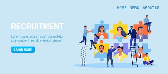 Find skilled and experienced career laborers from candidates crowd. Businessman looking for human talent as jigsaw puzzle pieces. Recruiting, job search, human resource, employment agency. Vector